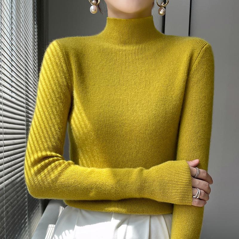 Korean Style Slim Fit Ribbed Knit Sweater - Women's Long Sleeve Half High Collar