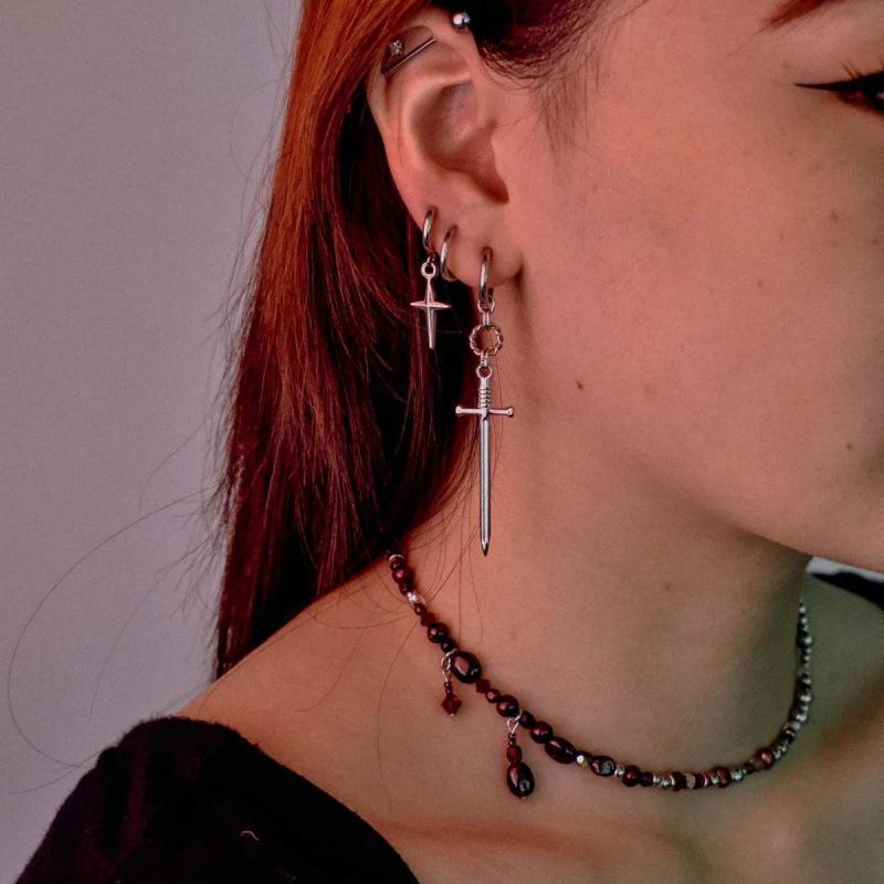 Gothic Knight Sword Dagger Spike Rock Unisex Pendant Long Earrings