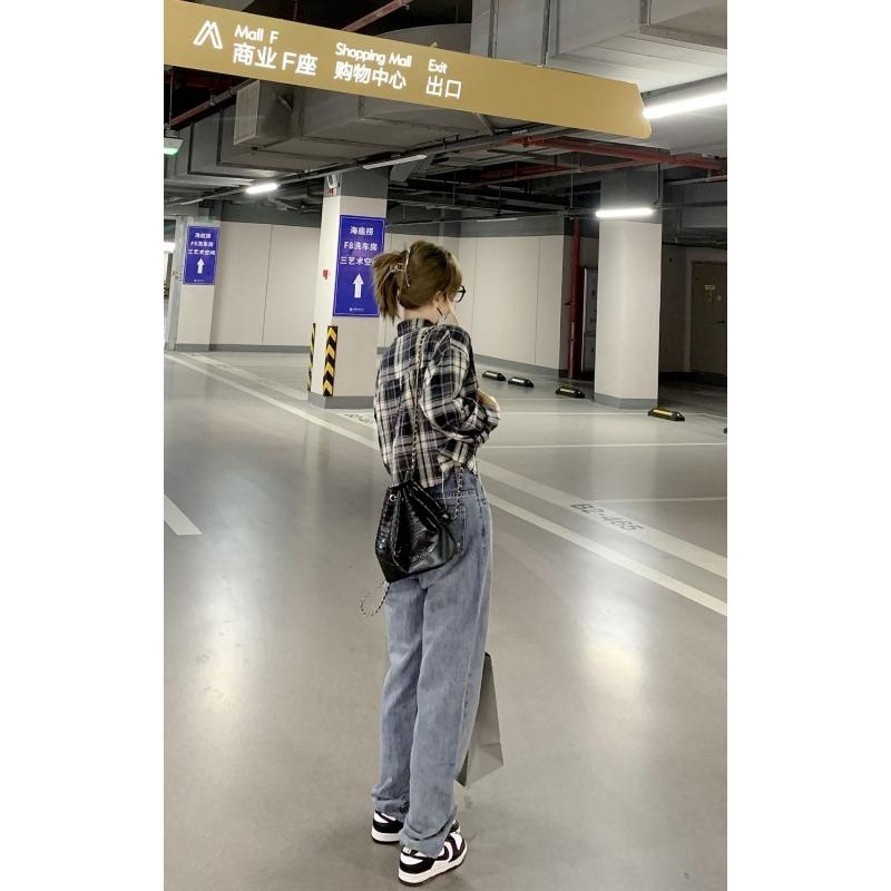 Women's New Style Spliced POLO Collar Button Plaid Fashionable Loose Versatile Casual Long Sleeve Shirt