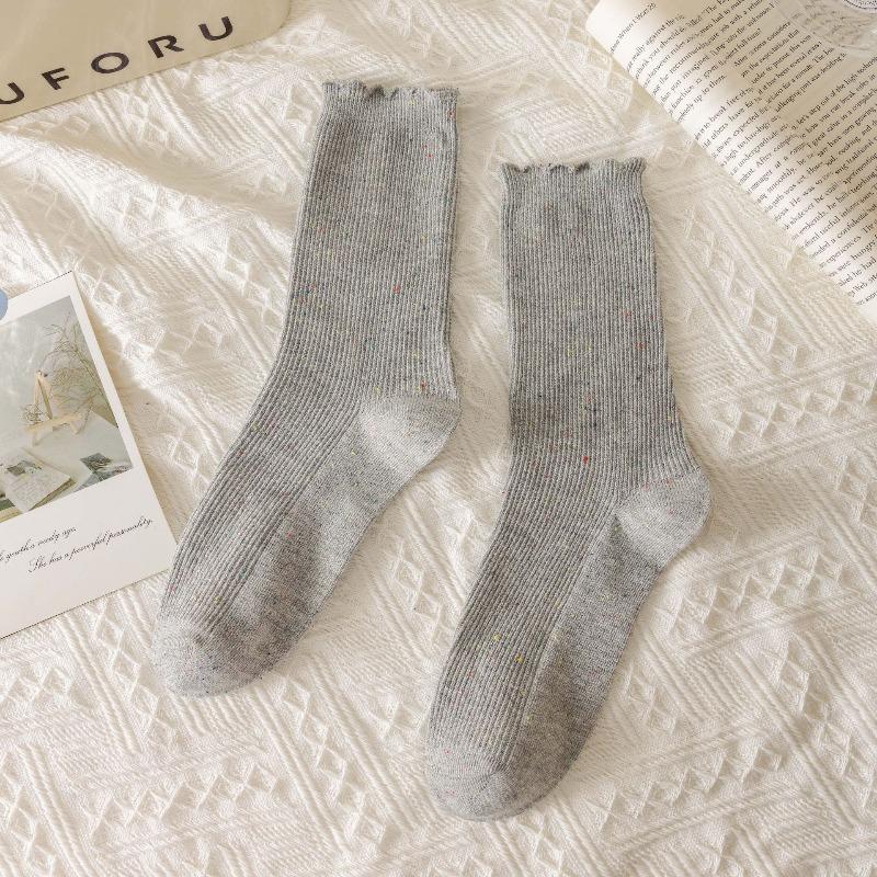Pointed Yarn Pile Socks - Children's Autumn and Winter Embroidered Bow Tie Mid-calf Socks, Trendy and Versatile Lace Long Socks