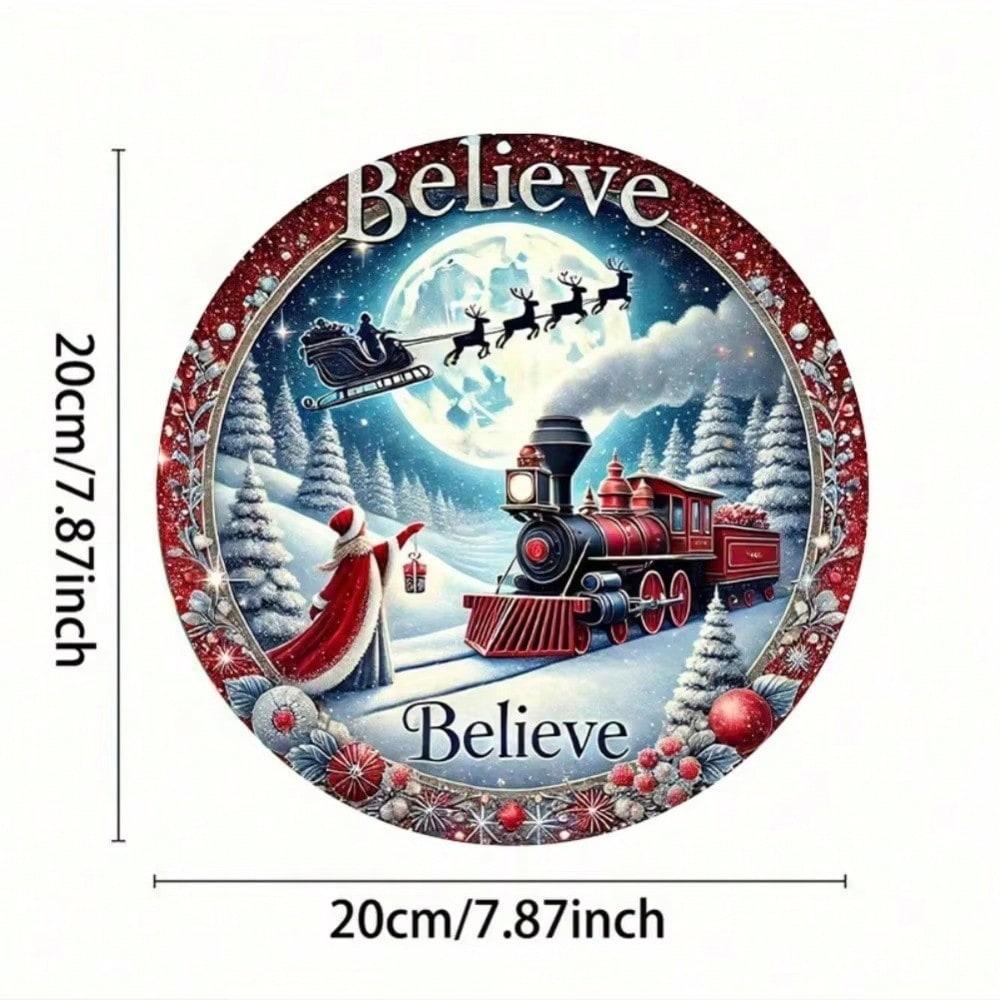 Vintage Metal Tin Sign 8x8 Inch Christmas Train Wreath Wall Decor Retro Holiday Home Art Plaque for Living Room Bar