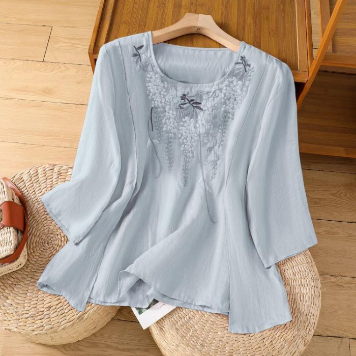 

Элегантная хлопковая свободная летняя футболка с коротким рукавом и круглым вырезом, вышитые топы для женщин, винтажные блузки XXL синий