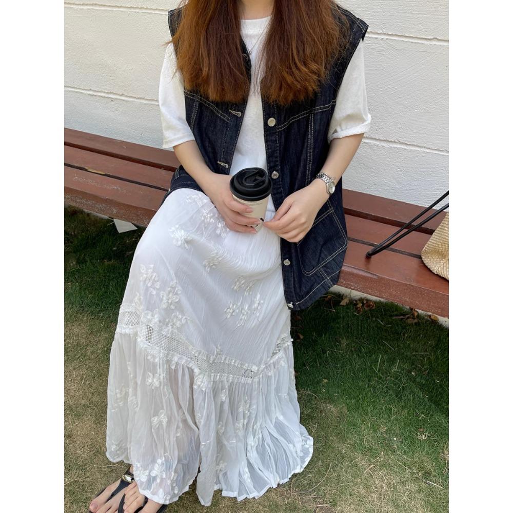 DIMANAF 2025 Summer Women New Skirts Chiffon Lace Solid Elastic Waist Pleated Mesh Elegant Skirts