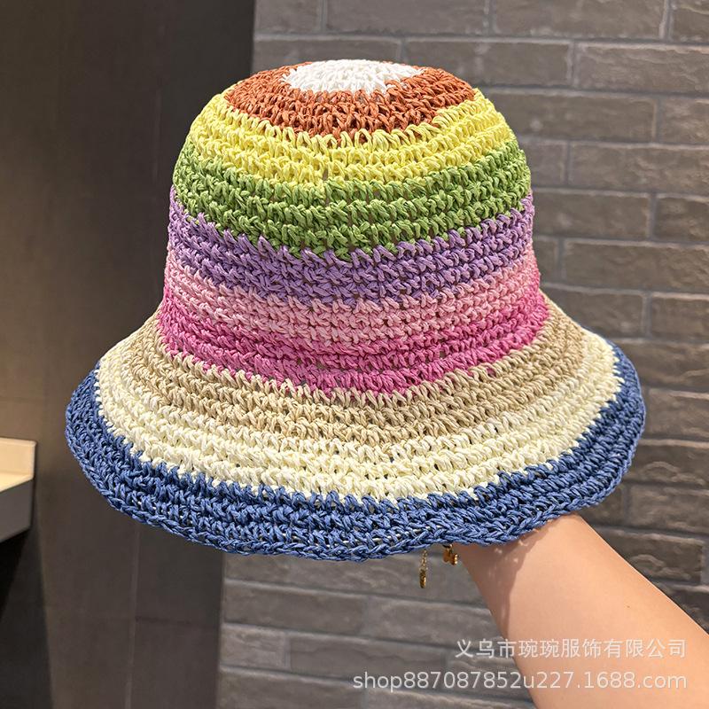 New Rainbow Straw Hat Women's Summer Travel Sunscreen Sunshade Bucket Hat Straw Striped Face Cover Basin Hat Beach Hat
