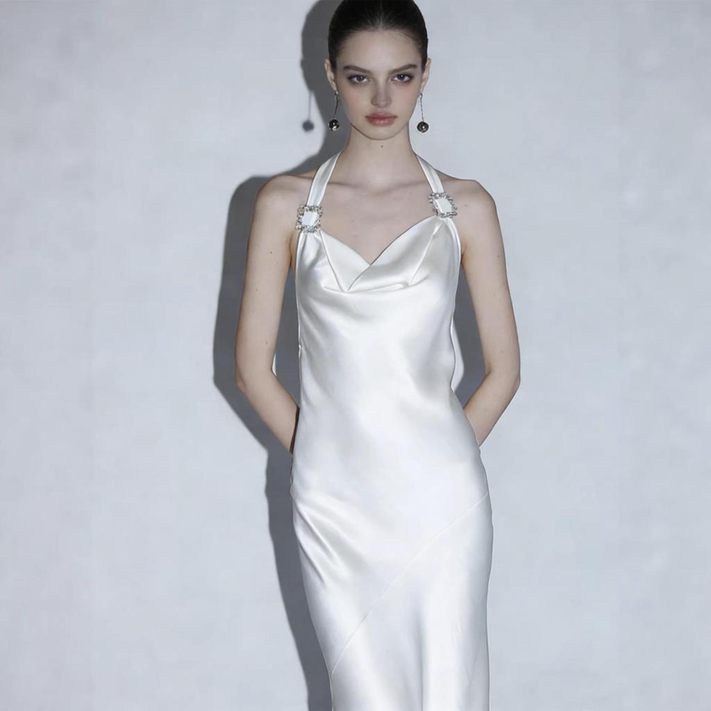Elegant Acetate Halter Neck Dress with Crystal Buckle