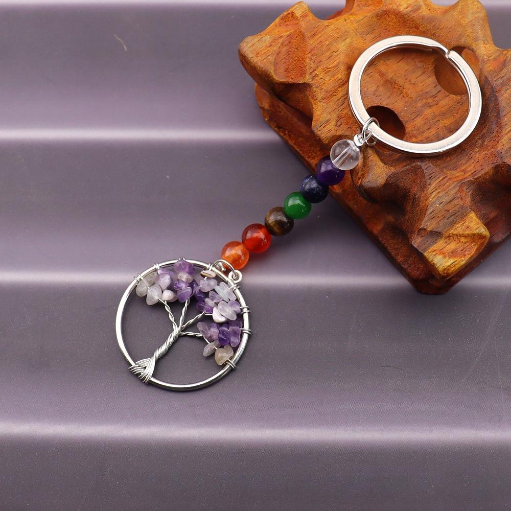Gold Natural Crystal Colorful Stone Tree Of Life Keychain, Bag Pendant Pendant, Chakra Keychain K62