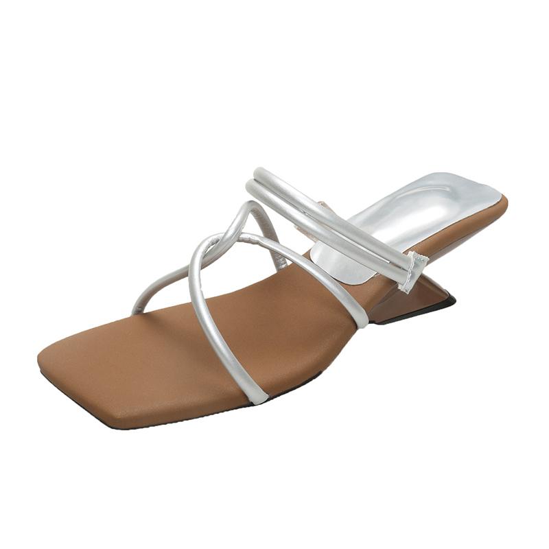 Fashion Summer New Mid-heel Slippers Women's Square Head Open Toe Thin Strap Set Foot Anti-slip Wear-resistant Slope Heel Shoes