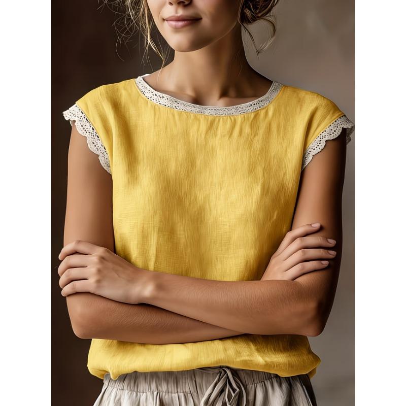 Summer Women's New Loose Solid Color Round Neck Lace Sleeveless Cotton and Linen Shirt