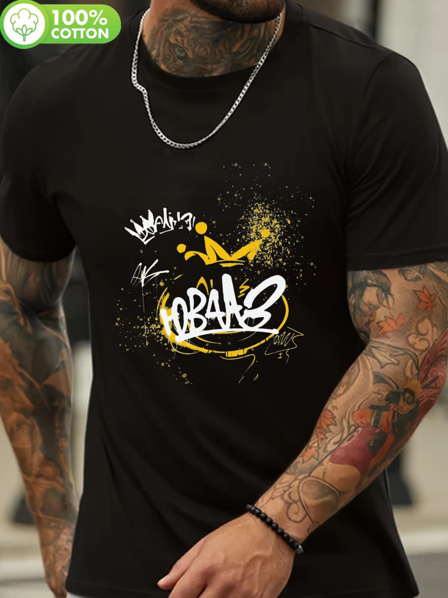 

Black Cotton T-shirt with Vibrant Yellow & White Graffiti Art - Casual Crew Neck Short Sleeve Tee for Sports XXXL