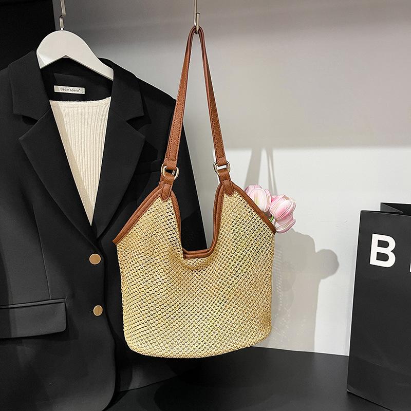 

Вязаная сумка большой вместимости женская летняя новая на плечо соломенная сумка для отдыха на море ветрозащитная пляжная сумка коричневый