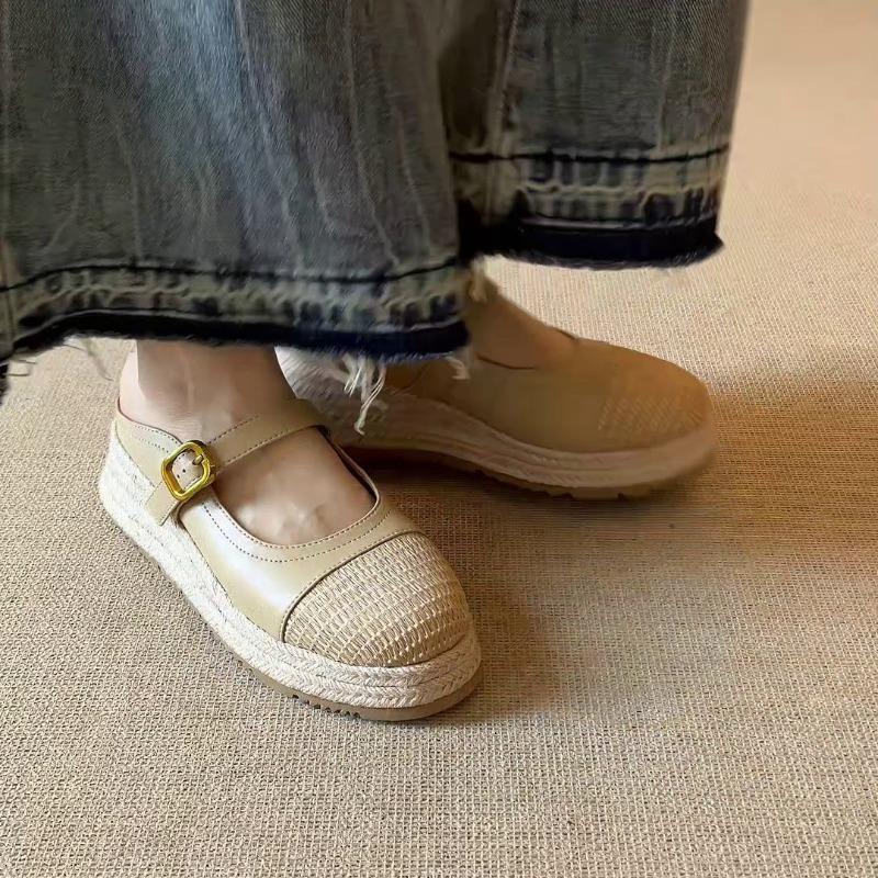 Maillard~ Woven splicing wedge heel slippers women's bag head half drag summer wear retro straw thick-bottomed cool slippers
