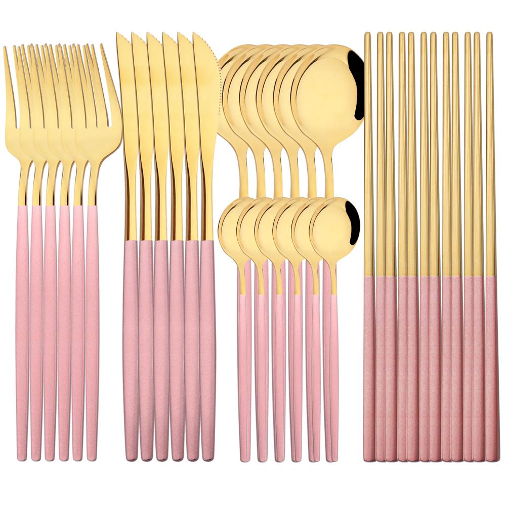 Jankng Western 30Pcs Dinnerware Knife Fork Spoons Chopsticks Cutlery Set High Quality Stainless Steel Set Kitchen Tableware Set