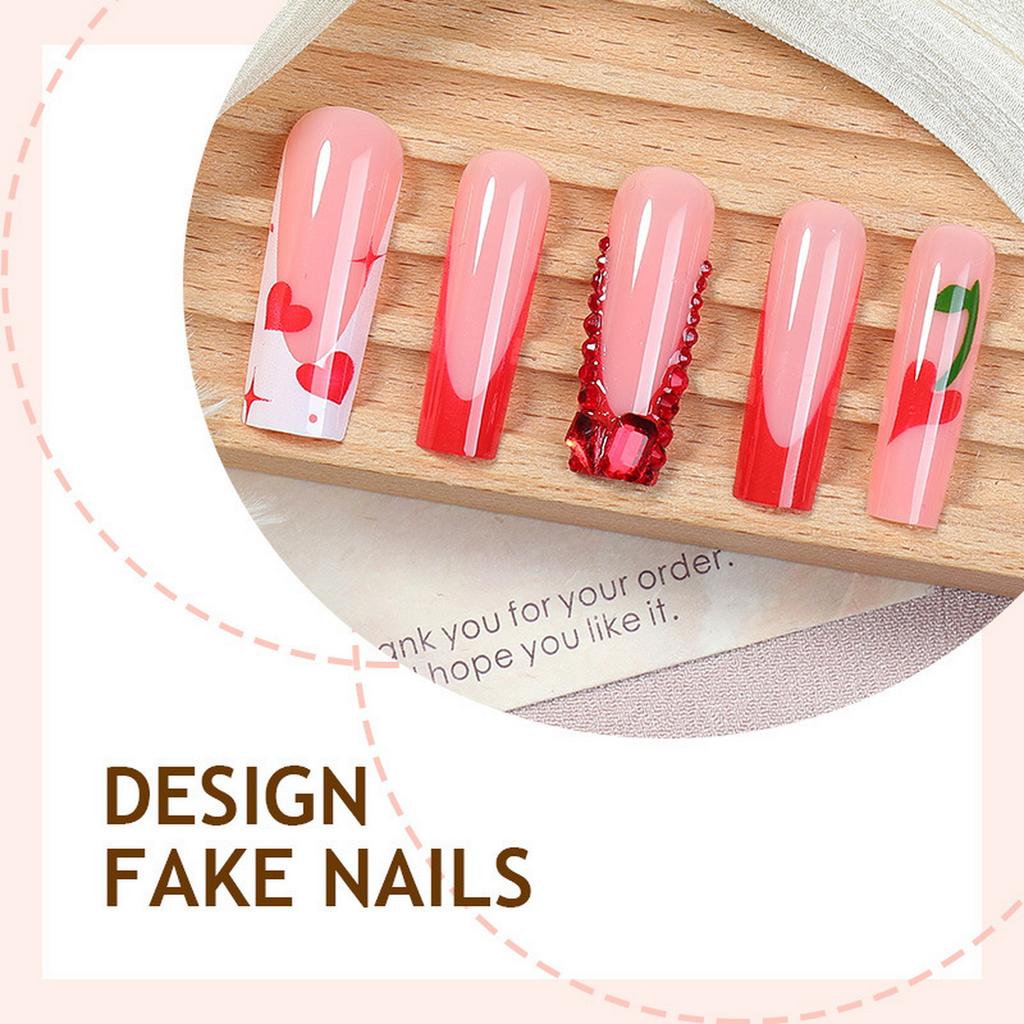 24Pcs French Fake Nails with Cherry Heart Design Fashionable Sweet And Cool Style Manicure for Woman
