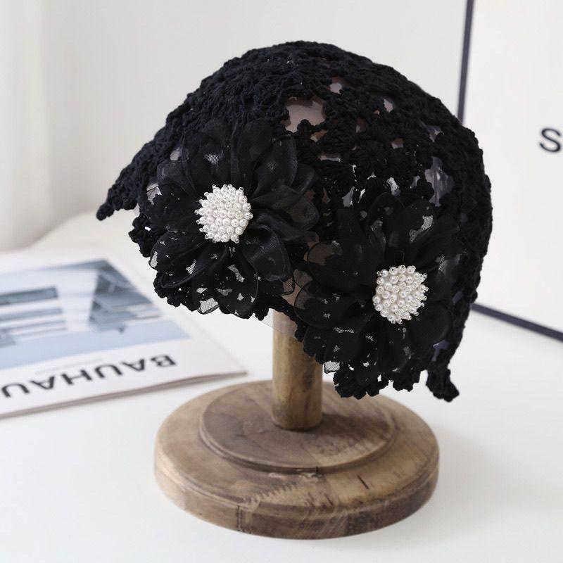 Women's Spring Summer Korean Style Thin Hollow Pearl Petal Handmade Knit Hat Elegant Wool Cap Sweet Head Wrap Hat