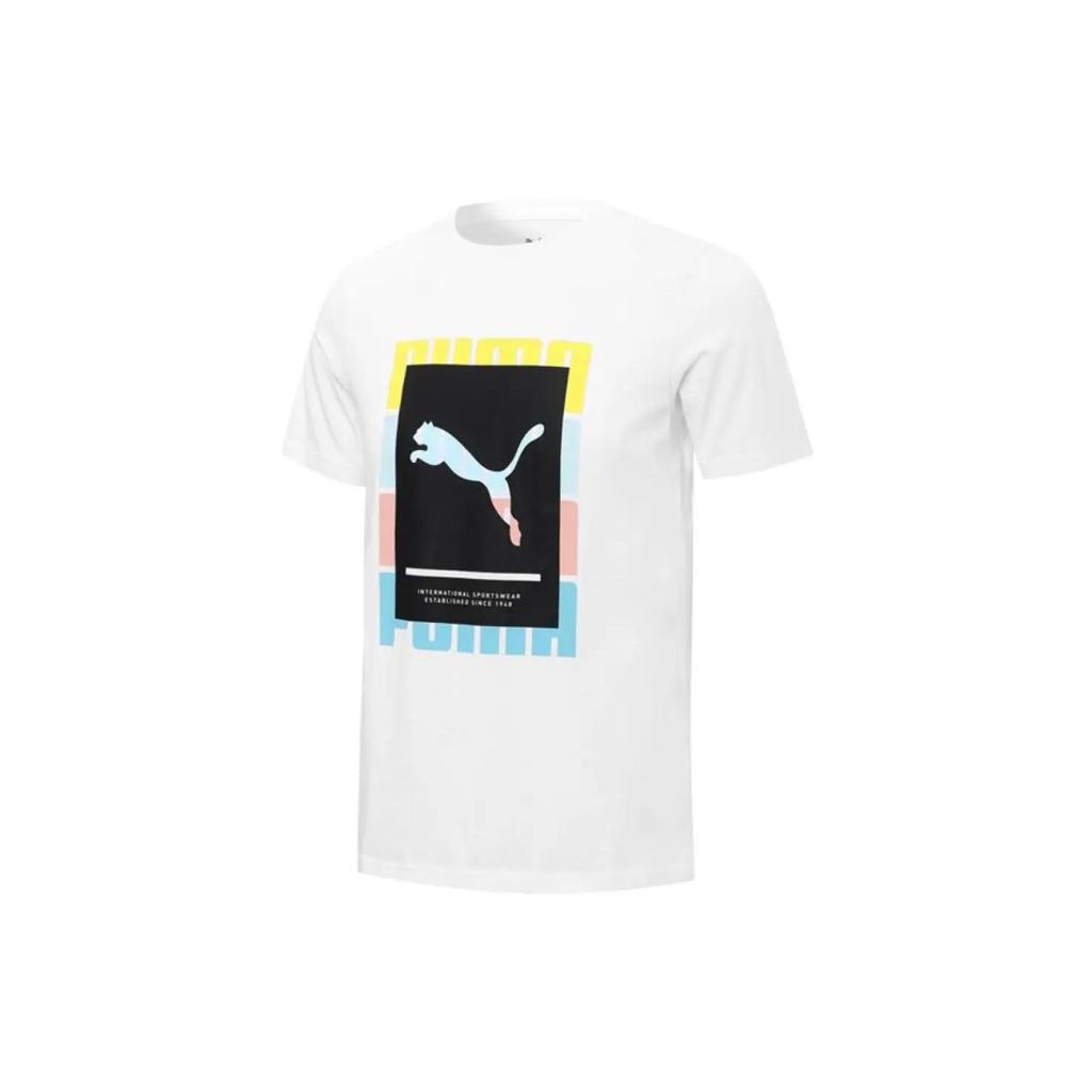 Puma Colorblock Buchstabenlogo Print Rundhals T-Shirt Herren Oberteile Weiß 671244-02