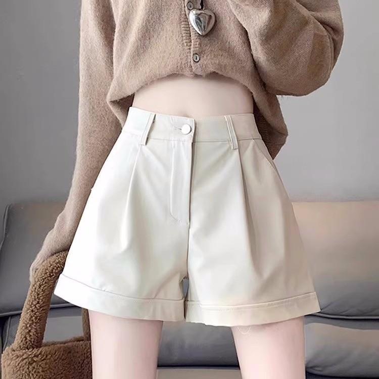 Women's High Waist PU Leather Shorts: Slim, Casual, Wide-Leg Design for Spring, Autumn, and Winter.