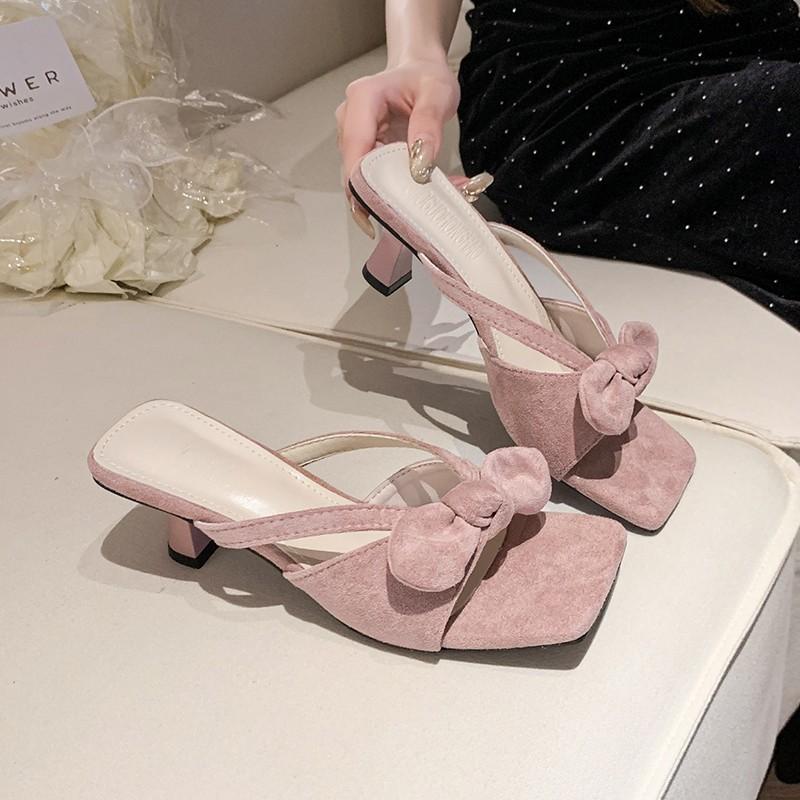 

Fashion Bow-shaped Leopard Print Flip-flops for Women To Wear As Outerwear in Summer 2025, New Square-toed Thin Heel Flip-flops 35