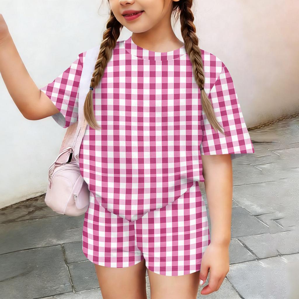 Kids Casual Short Sleeve Top and Shorts Set Plaid Pattern Lightweight Breathable Soft Fabric Comfortable Fit Summer Outfit for Boys Girls