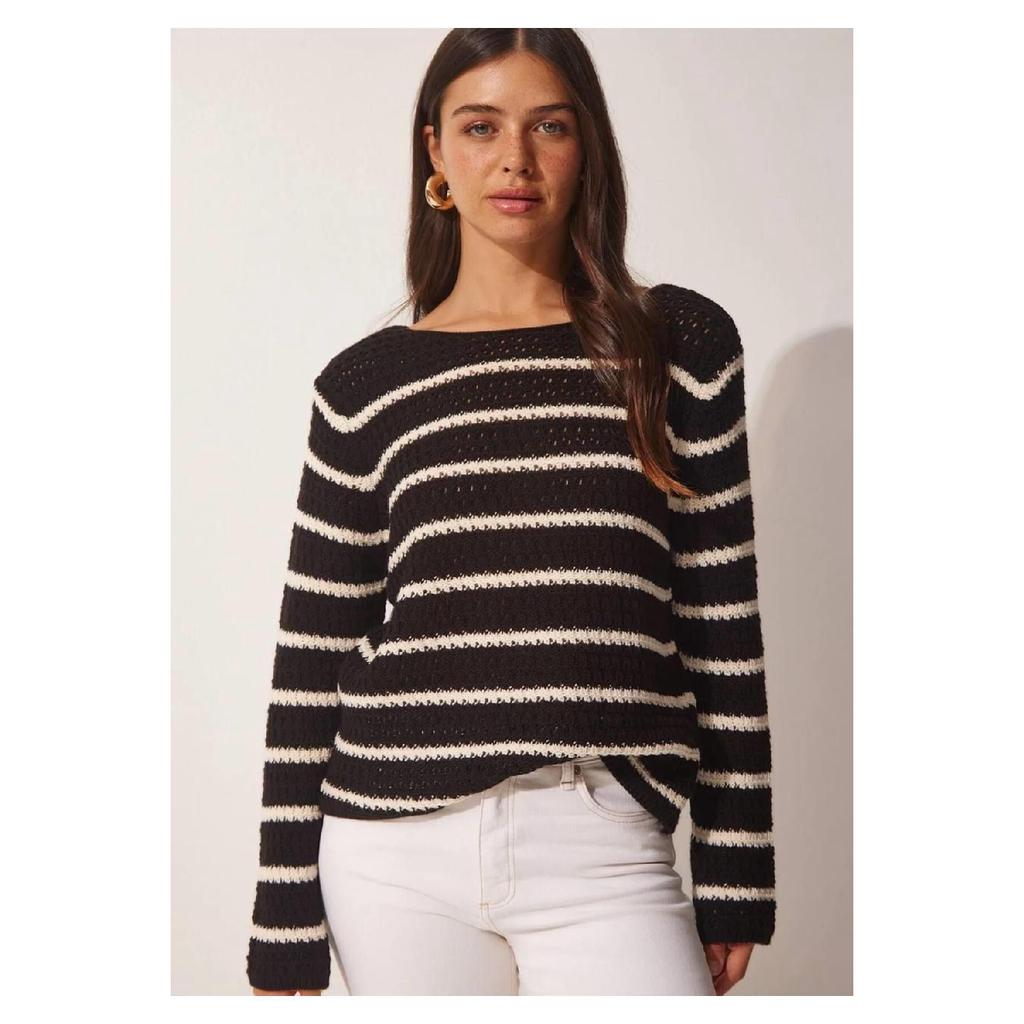 Women's Openwork (hole) Striped Knitwear Sweater Black M230-6767