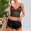 Women Pajama Set Lace Pajama Top Satin Shorts with Black Silk Bow And Lace Trim Sexy Lace Camisole Set for Women Home Sleepwear Gift