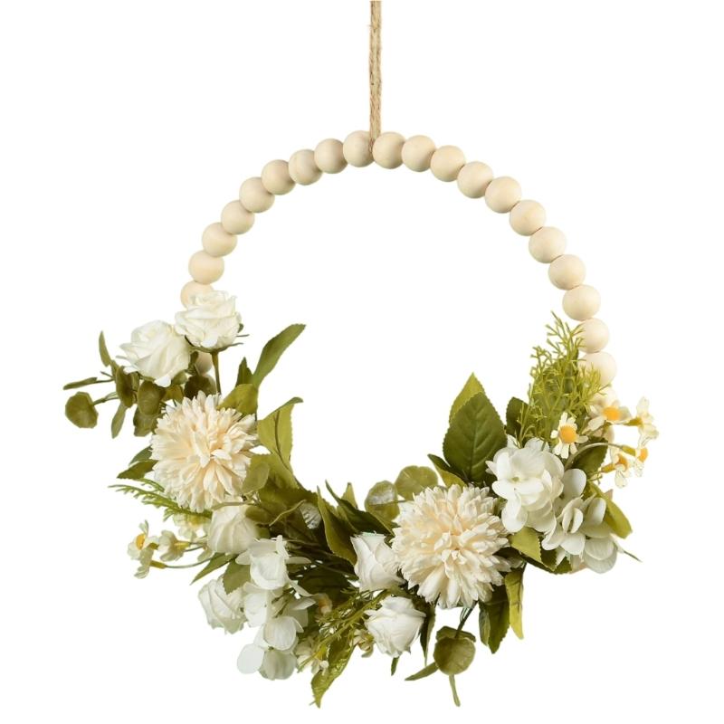 Artificial Flower Wood Beads Wreath Spring Wreath Decoration for Front Door Farmhouses Wedding Thanksgiving Decoration
