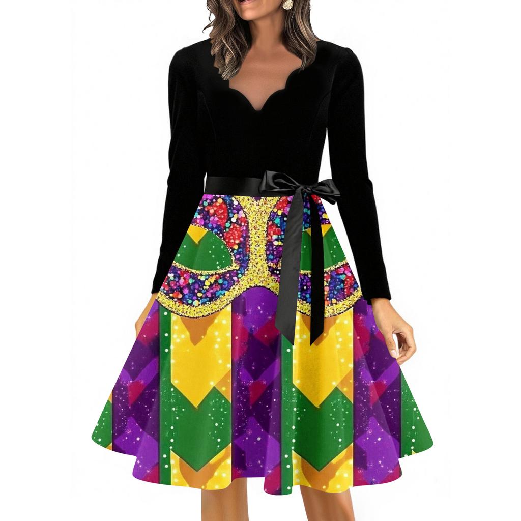 Women's Casual Fashion V Neck Long Sleeve Printed Vintage Long Dress