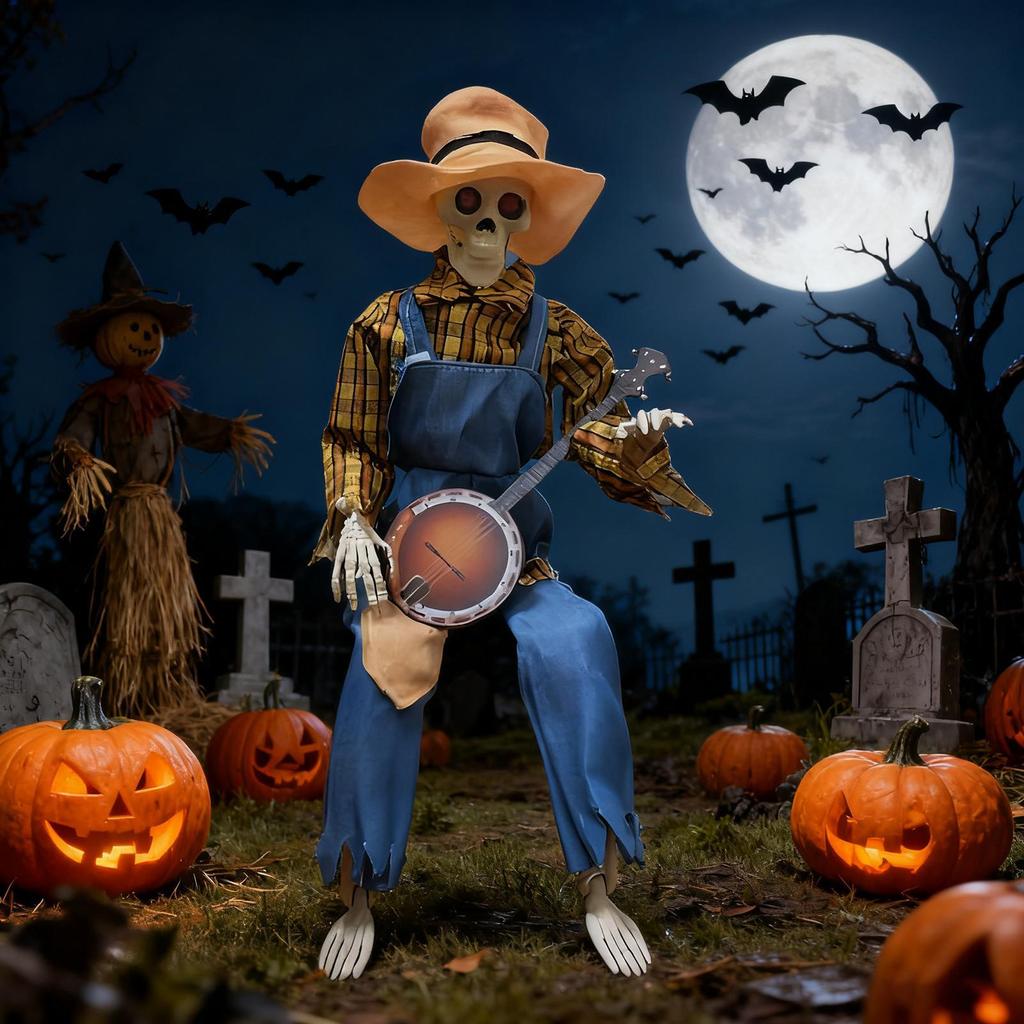 Halloween Skeleton Ornament Decorations Poseable Joints Decor With Glowing Eyes Music Party Supplies Creative Halloween Toys