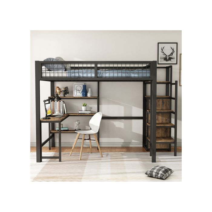 Hochbett - MUVOE - 140x200 cm - Schwarzes Metall - Integrierter Schreibtisch - Aufbewahrungsregale