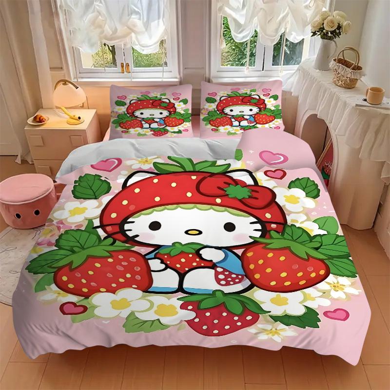 3pcs Strawberry Hello Kitty Cover Set, 1 Cover + 2 Pillowcases (No Insert), Bedding for All Seasons, Bedding,Bedroom Decor Yy250922020