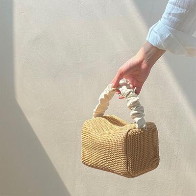Sommer Strohtasche Mädchen Retro Plissiert Farbe Block Hand Quadratische Tasche Alles Diagonale Tasche
