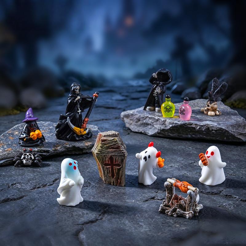 Halloween Scary Ghost Ornament Mini Resin Bone Skull Coffin Chair Statue for Holiday Party Tabletop Decor