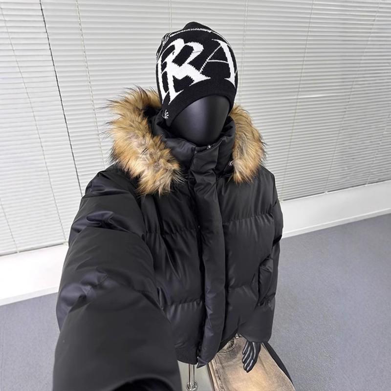 Mens Winter Hooded Puffer Jacket With Detachable Faux Fur Collar Short PU Leather Coat Couples Casual Wear
