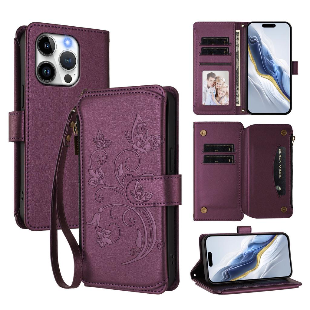 For iPhone 15 Pro Leather Case Butterfly Floral Imprint Zipper Wallet Stand Cover with Wrist Strap