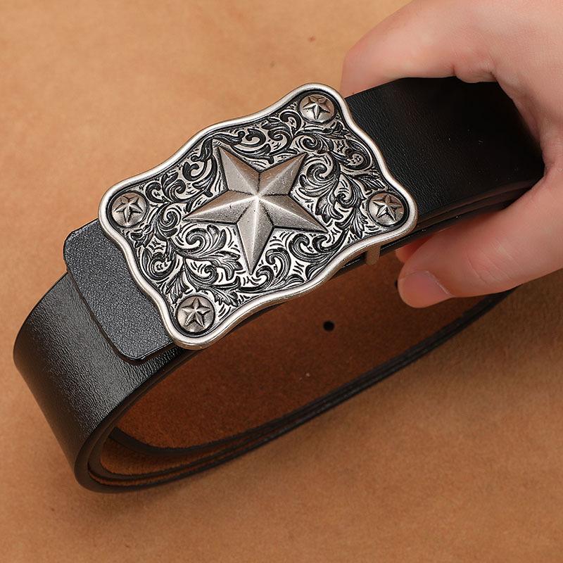 Men's Retro Genuine Cowhide Leather Belt with Smooth Buckle - Extended Large Size for Trendy and Plus-Size Fashion