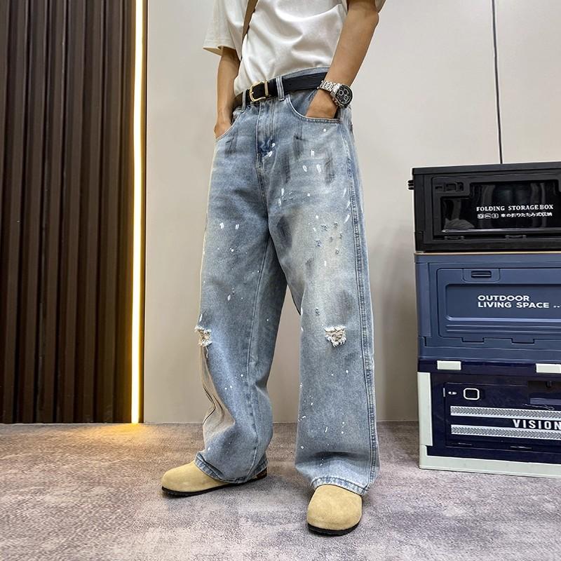 Spring and Summer New Ripped Ink Graffiti Retro Jeans Men's Loose Wide-legged Ruffian Handsome Straight Mopping Pants