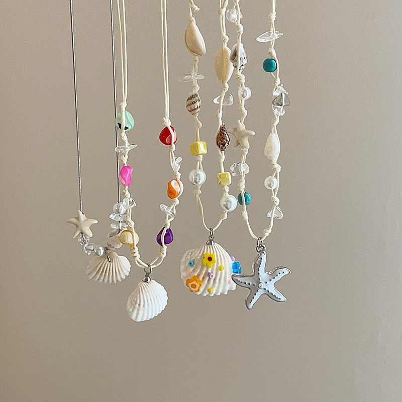 Wax rope starfish shell pearl necklace seaside vacation wind collarbone chain summer fresh and sweet high-end necklace women
