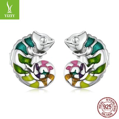Platinum-Plated Chameleon Stud Earrings For Men And Women, Cute Animals S925 Silver Body Earrings Bse587