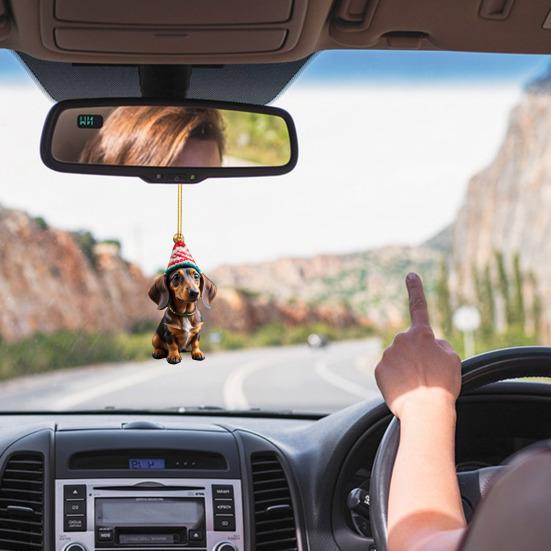 1/7Pcs Christmas Acrylic Dachshund Hanging Decoration Car Rearview Mirror Xmas Tree 2D Flat Santa Hat Dog Hanging Ornament Holiday Party Pendant