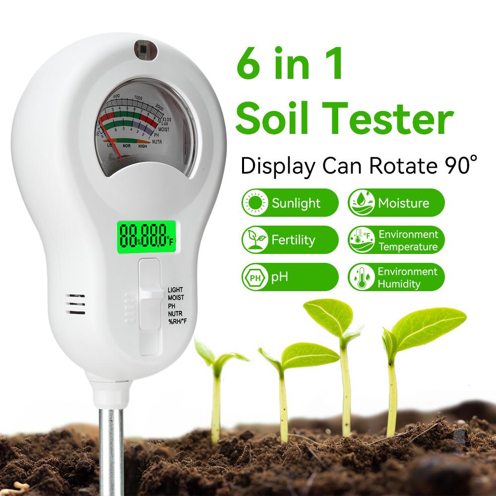 6 In 1 Soil PH Meter Rotatable Backlit Display Analyzer Moisture Sensor Soil Tester Garden Tool