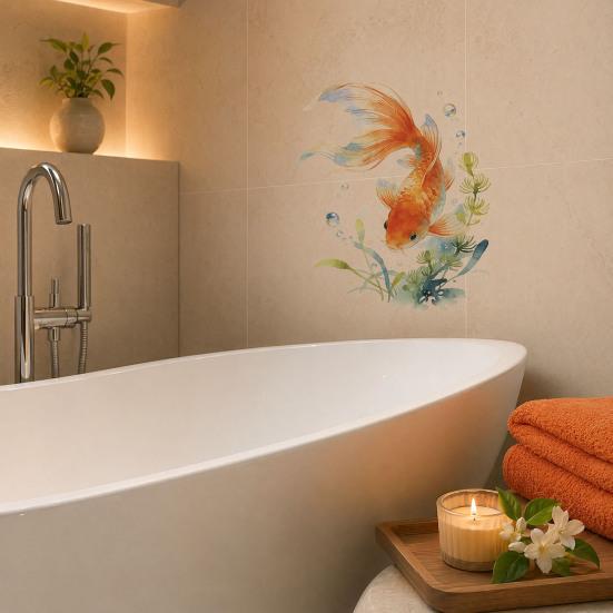 yangyizhi Watercolor Goldfish Toilet Seat Sticker, & Water Plants Tank Waterproof PVC Bathtub Decal, Self-Adhesive Lid Decals for Bathroom Decor