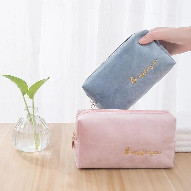 1 Pc Women Zipper Velvet Make Up Bag Travel Large Cosmetic Bag for Makeup Solid Color Female Make Up Pouch Necessaries