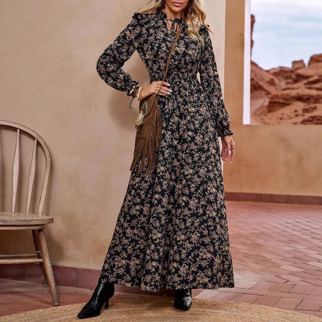 Women's Stand Collar Long Sleeve Maxi Dress Loose Elastic Waist Floral A-Line Sundress Polyester Vacation Dress