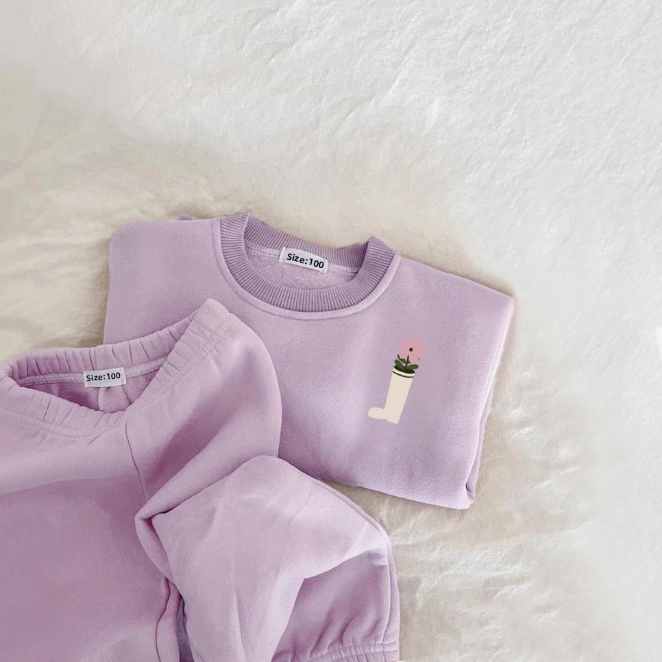 Fleece Lined Baby Clothes Sets for Autumn Winter Cute Cute Embroidered Sweatshirt + Pant Kids Tracksuits