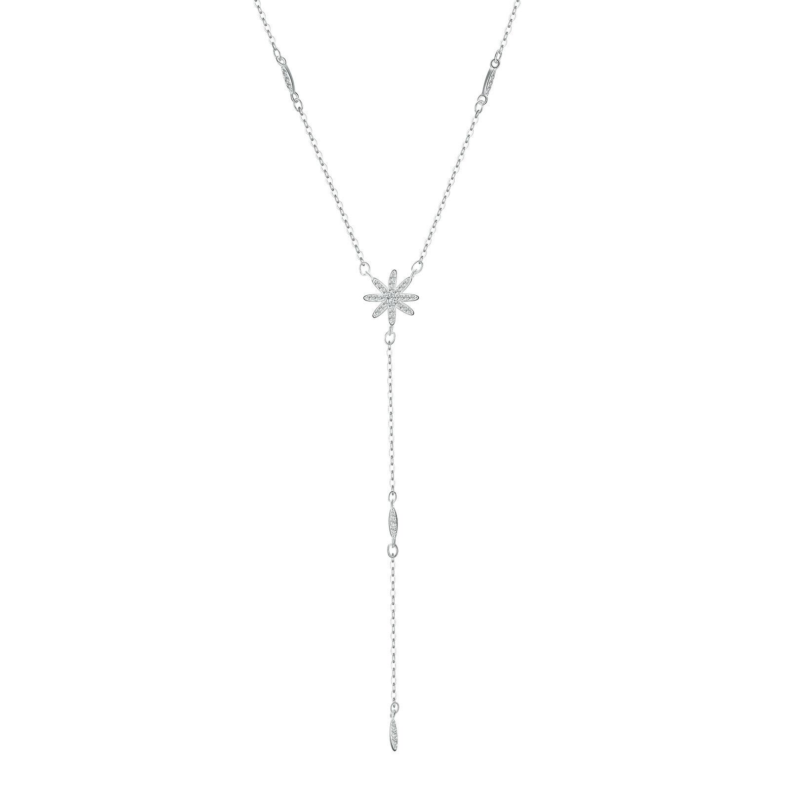 

Sterling Silver Snowflake Tassel V-Neck Necklace – Minimalist Clavicle Chain Choker Pure Silver серебряный