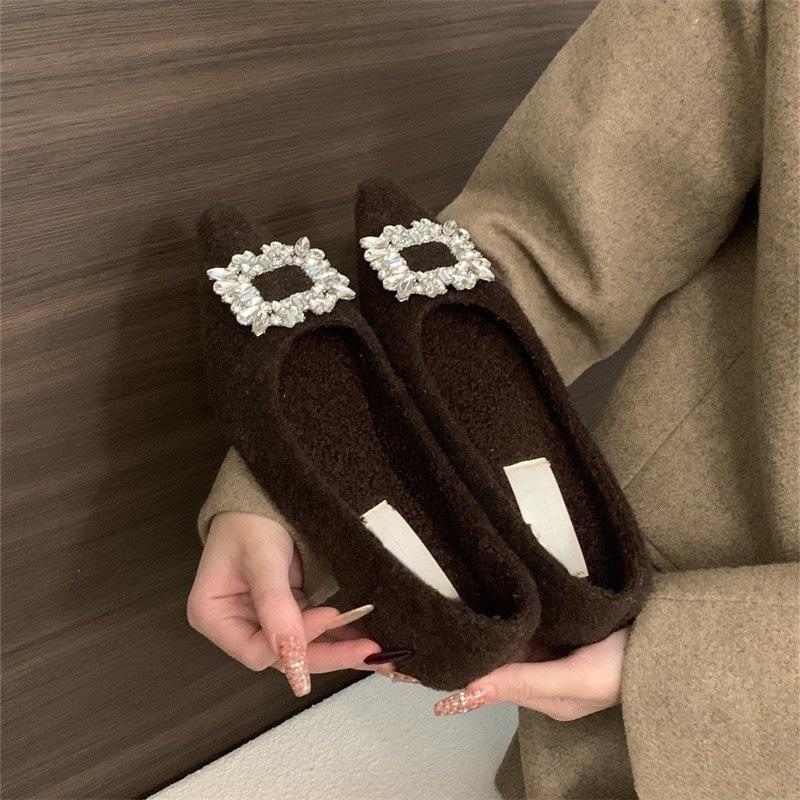 French Xiaoxiangfeng single shoes 2025 new rhinestone square buckle flats evening shoes velvet low heels