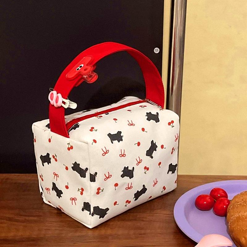 Cute Black Cat Cherry Bow Print Handheld Cosmetic Bag High Capacity Travel Portable Sundries Storage Bag Mountaineering Bag