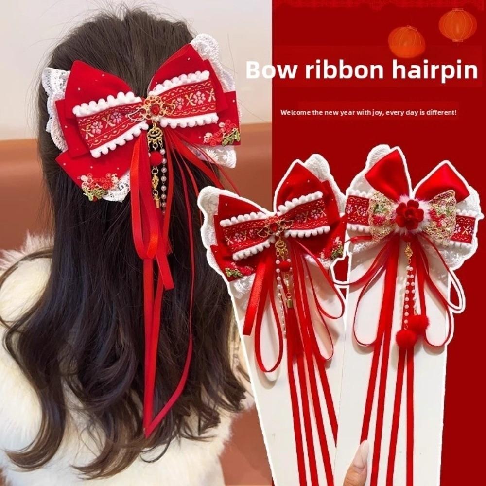 Flower Bow Ribbon Hair Clip Red Hanfu Hair Ornamen Chinese Style New Year Hairpin  Festival