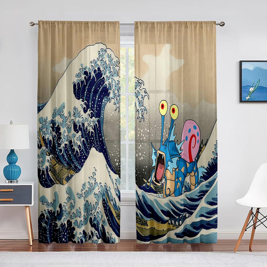 Oriental Culture Hand Drawn Style Japanese Motifs Illustration Wave Tulle Curtains for Living Room Bedroom Sheer Curtain Kitchen