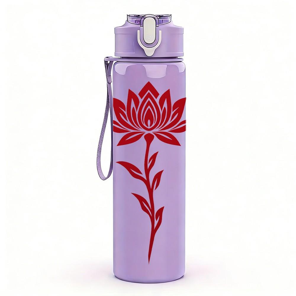1PC Red Lotus Flower Art 750ml Color Plastic Sports Water Bottle Leakproof Flip Straw Lid Suitable for Sports Office Home Use