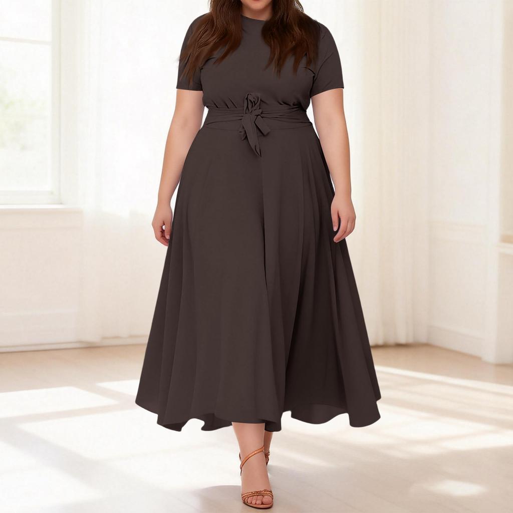 Women's Casual Fashion Large Size Color Round Neck Short Sleeve Pocket Straps Swing Dress